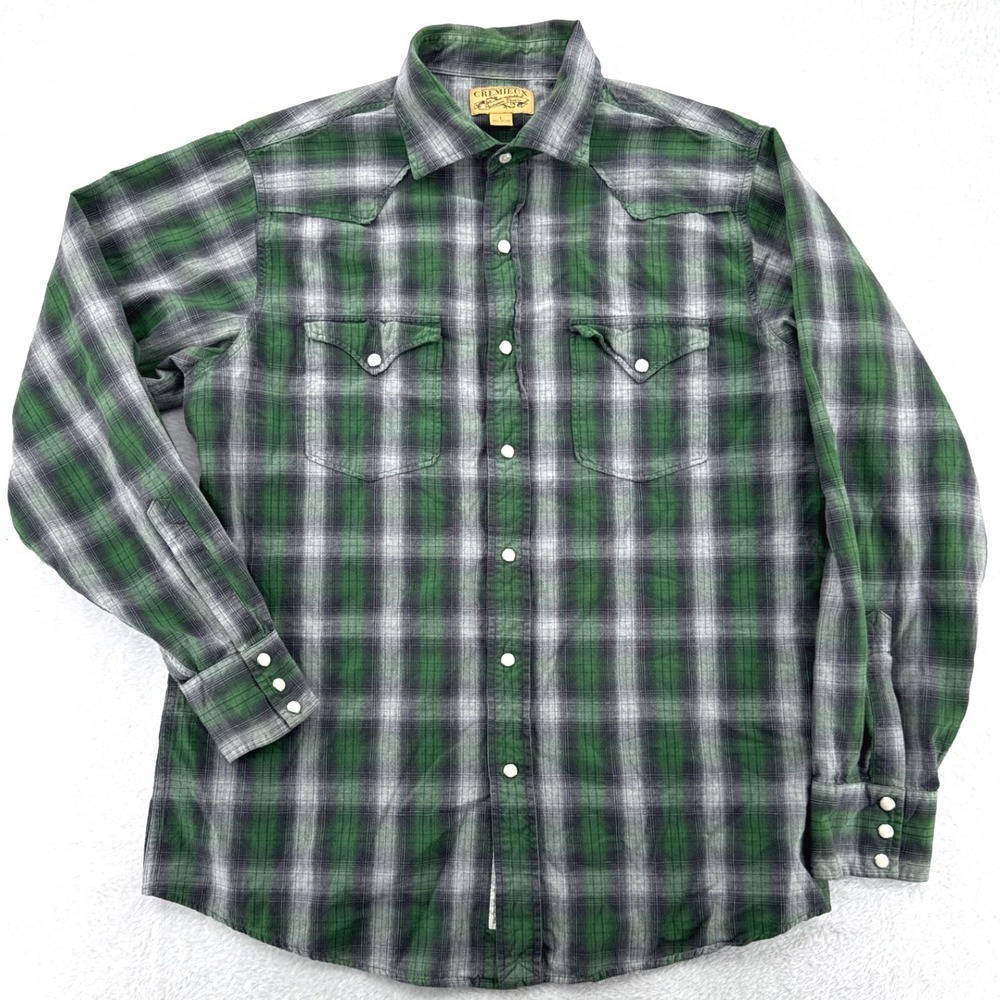Cremieux Mens Western Shirt L Green Plaid Pearl Snap Cotton Long Sleeve‎ Yoke